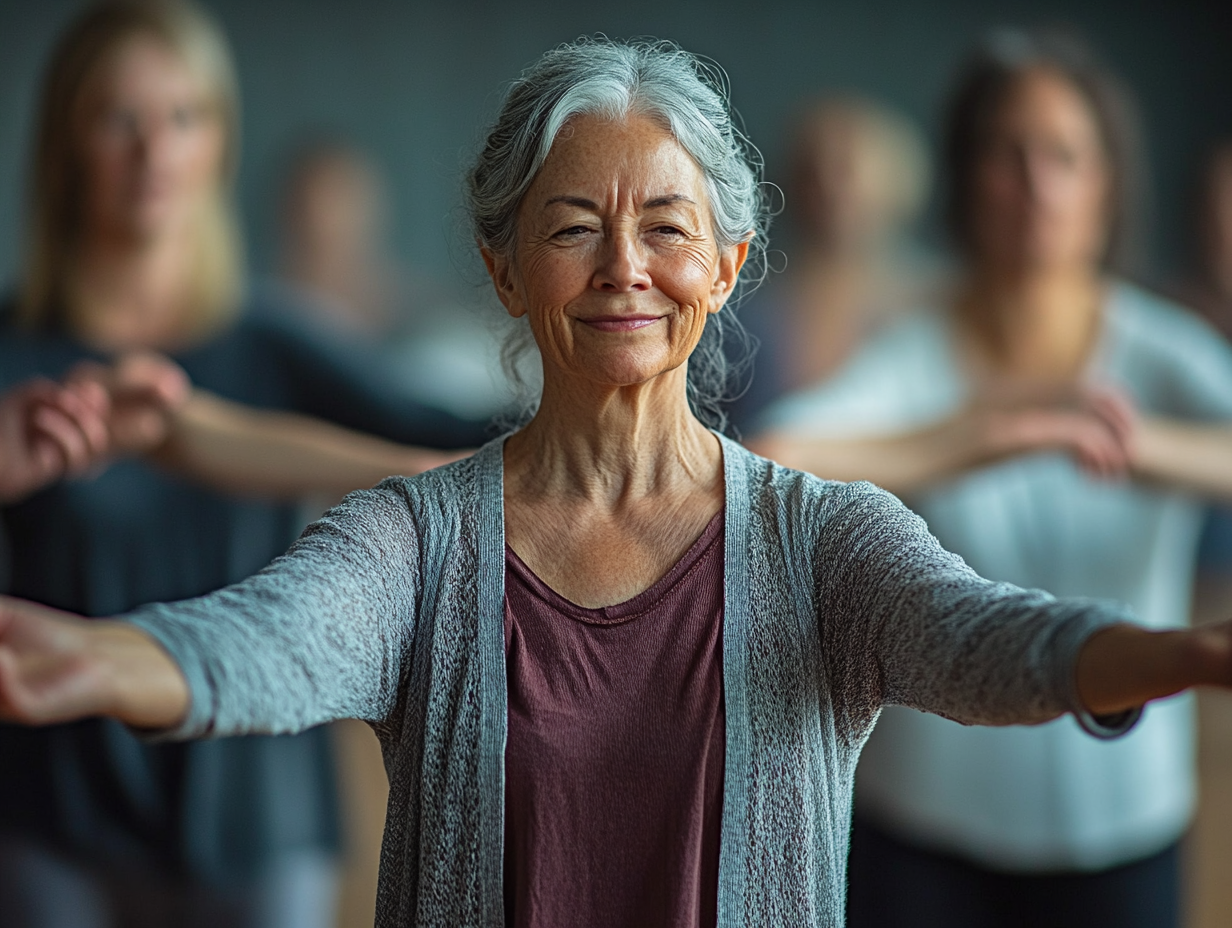 Група старших людей займається йогою в спокійній атмосфері